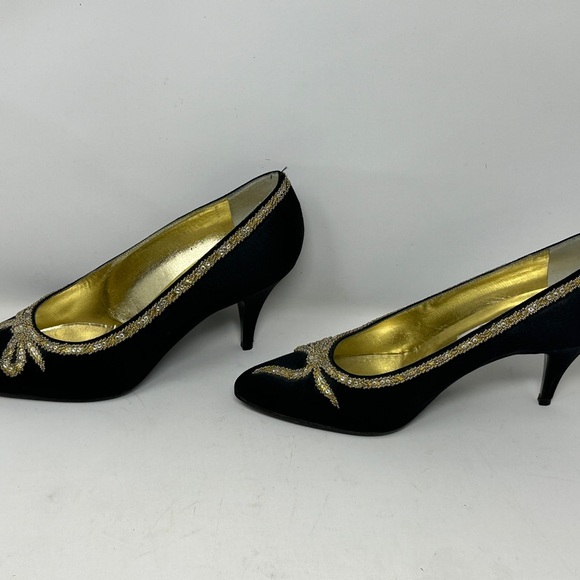 Rene Caovilla Wilkes Bashford Italy  Pump Heels Black Gold Satin Crystal Size 8 - Picture 7 of 14